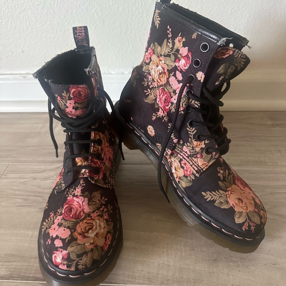 Dr. Martens Black and Pink Combat Boots with Floral Design